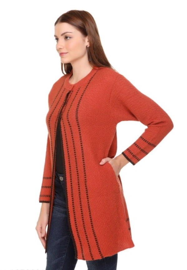 CLAPTON Women Round Neck Rust Full Sleeve With Pocket Wool Cardigan (Outer Long) - M, Rust, Wool, Pack of1